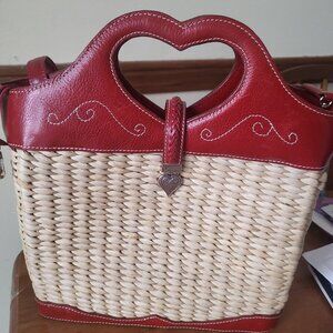 Brighton Straw & Red Leather Top Stitch Bucket Handbag
